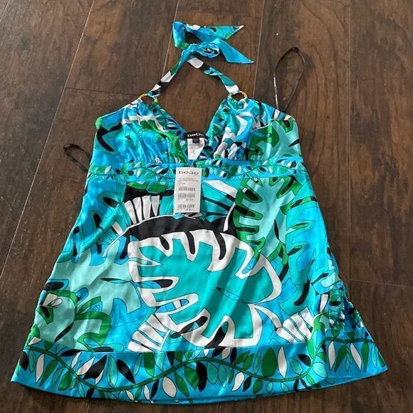 Bebe Jungle Print Neck Tie Halter Top size L NWT 95% silk 5% Spandex - Picture 1 of 11